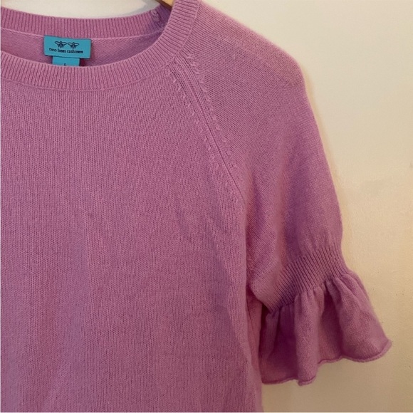 Two Bees Cashmere Purple Pink Sweater Short Ruffle Sleeve Top Womens Large - Picture 9 of 10